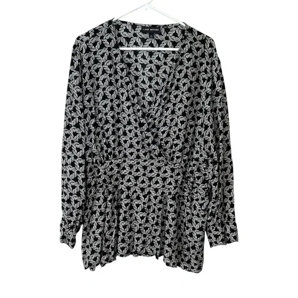 Lane Bryant Black White Chain Link Print Faux Wrap Long Sleeve Blouse Top - Picture 4 of 8